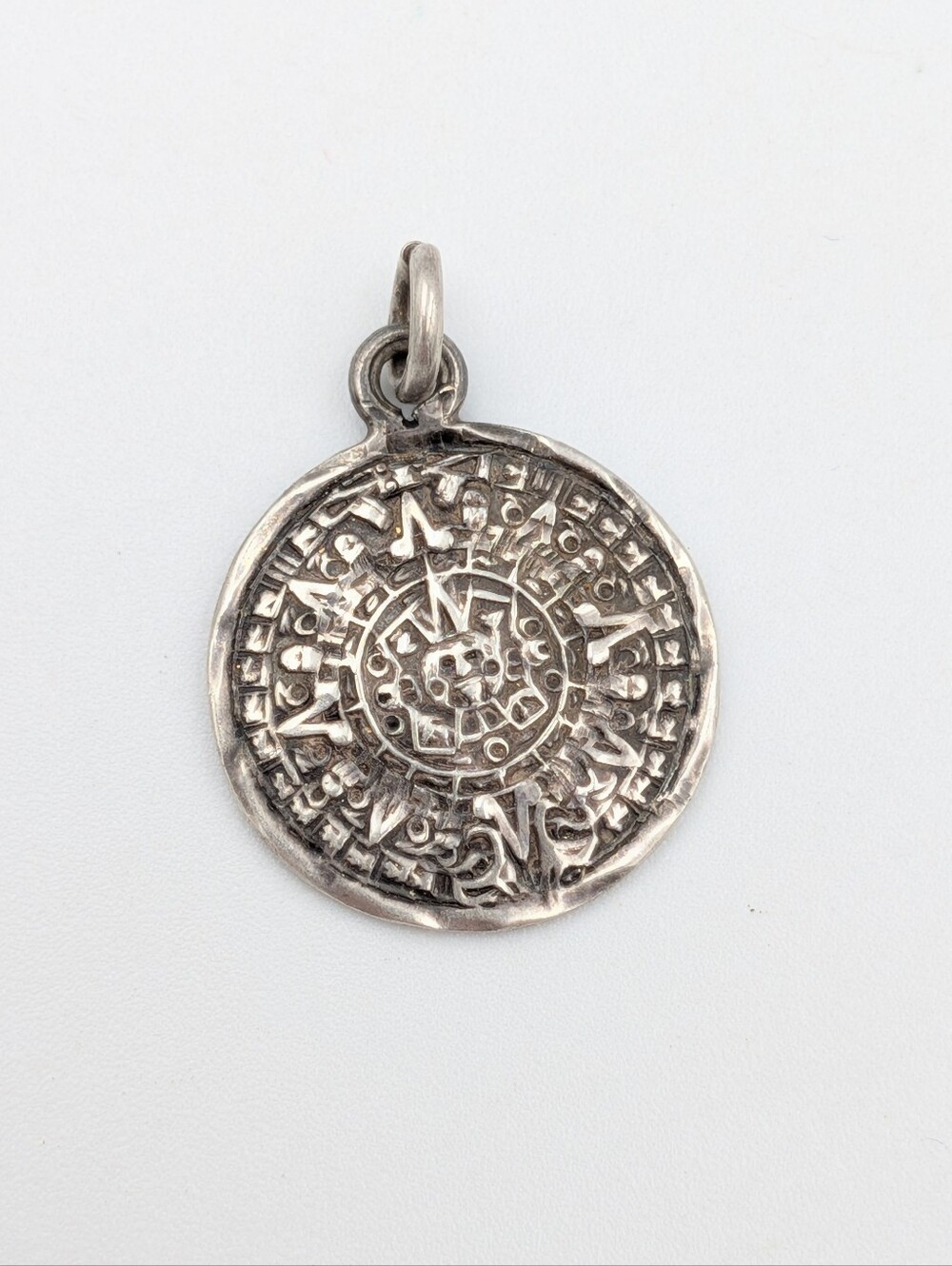 Vintage or Antique Aztec Mayan Calendar Pendant Charm 925 Sterling Silver